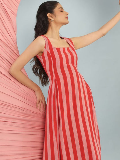 Dhiyona AY Women's Striped Cotton A-Line Midi Ethnic Dresses