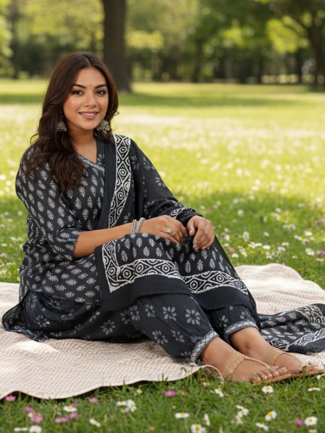 Black Ethnic Motifs Printed V-Neck Angrakha A-Line Kurta With Patiala & Dupatta