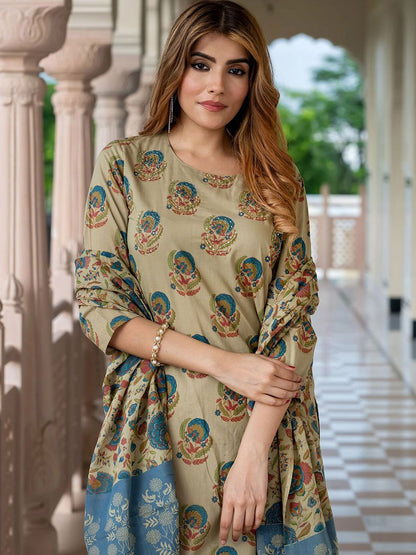 Dhiyona KL Floral Printed Round Neck Pure Cotton Straight Kurta With Trousers & Dupatta