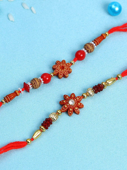 Dhiyona Set Of 2 Red Flower Rakhis Comes With Roli Rice & Greeting Card