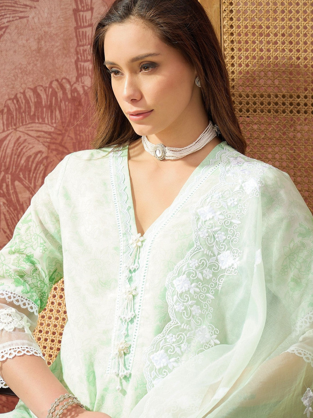 Printed V-Neck Kurta & Trousers with Dupatta