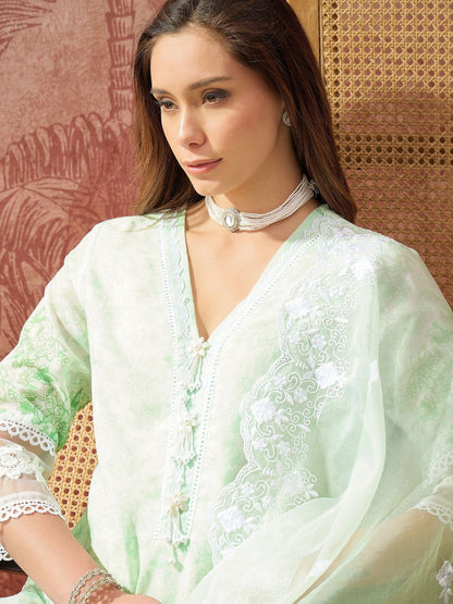 Printed V-Neck Kurta & Trousers with Dupatta