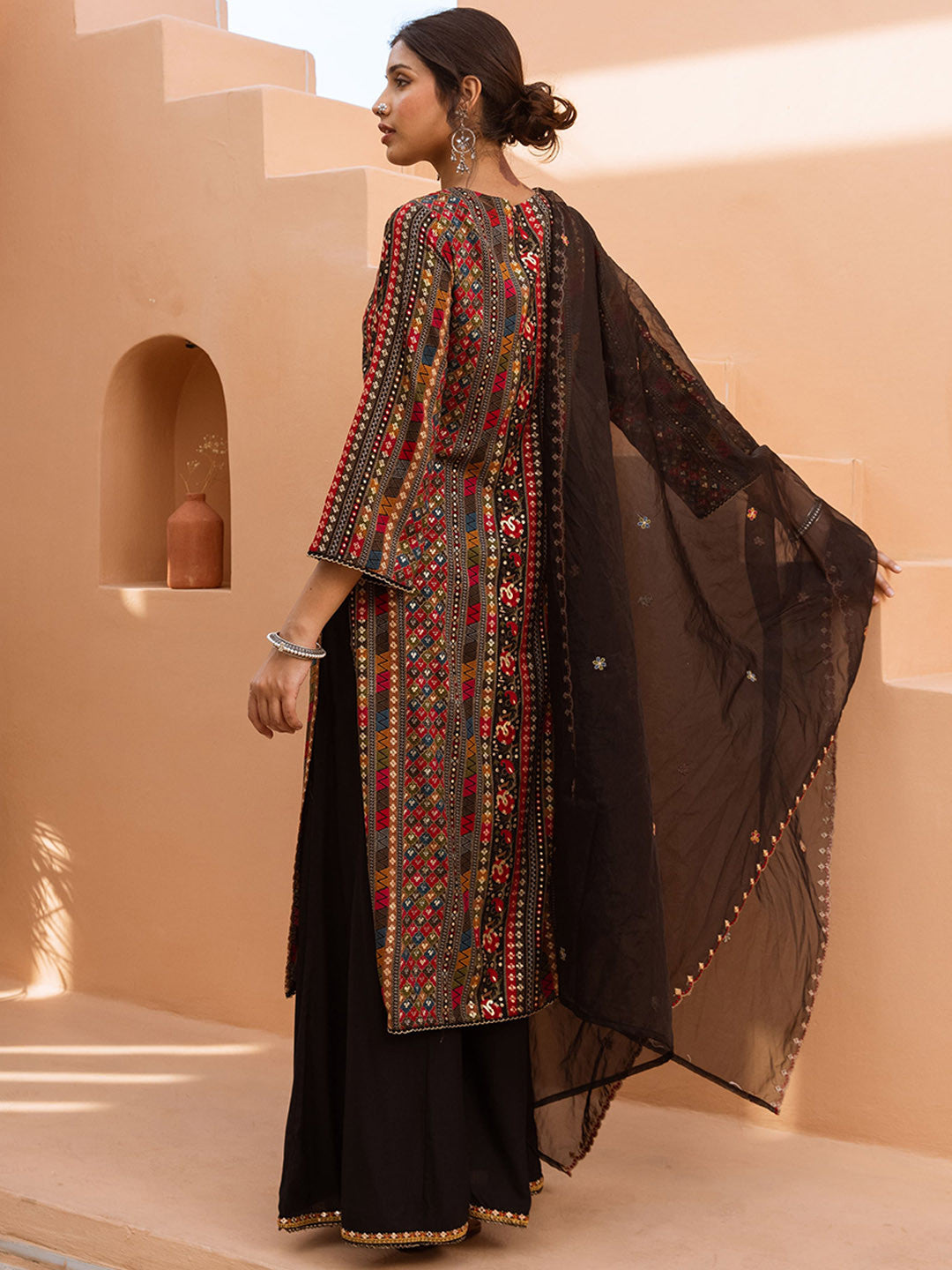 Ethnic Motifs Embroidered V-Neck Straight Kurta With Palazzos And Dupatta