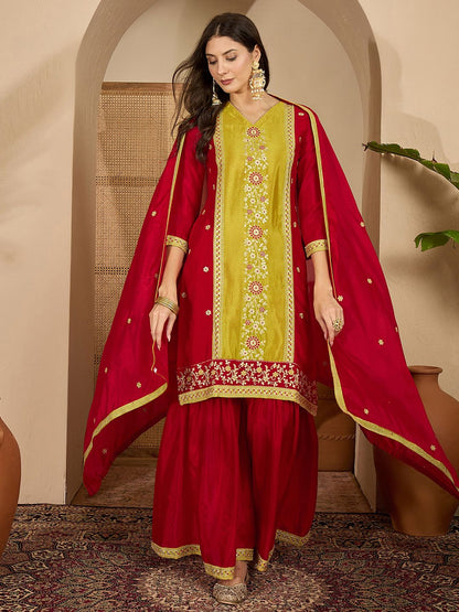Dhiyona SN Embroidered V-Neck Kurta & Sharara With Dupatta