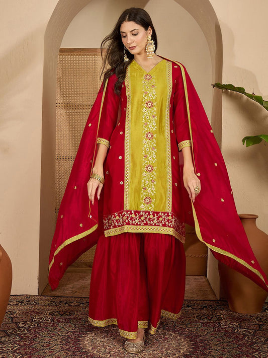 Dhiyona SN Embroidered V-Neck Kurta & Sharara With Dupatta