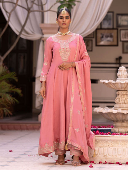 Dhiyona CH Women Floral Embroidered Pleated Mirror Work Kurta with Trousers & Dupatta