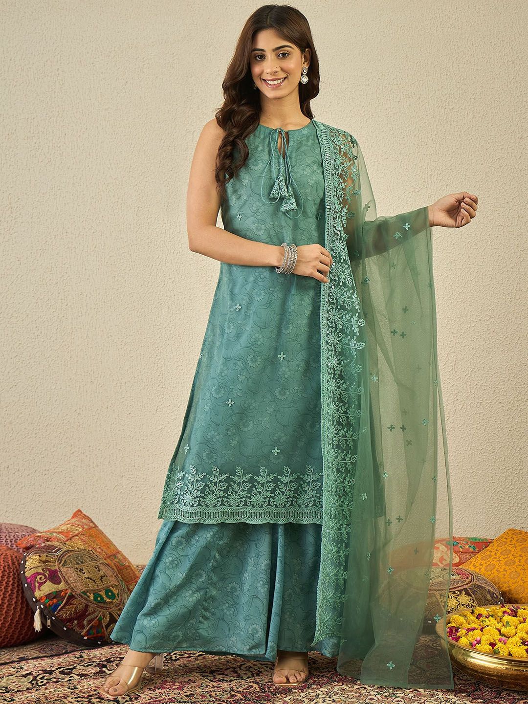Dhiyona IN Women Floral Embroidered Kurta with Sharara & Dupatta