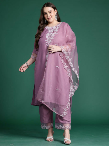 Women's Plus Size Mauve Embroidered Straight Kurta Trousers With Dupatta Set