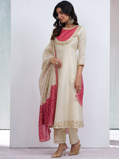 Dhiyona CH Women Floral Embroidered A-Line Kurta with Trousers & Dupatta