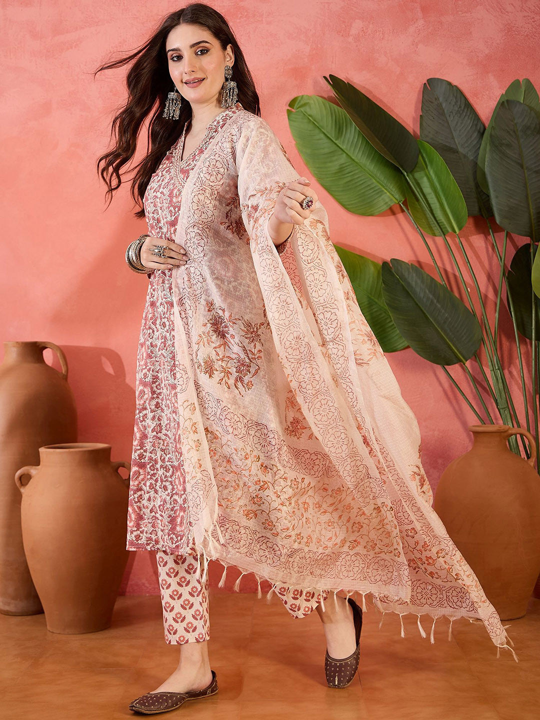 Floral Printed A Line Mandarin Collar Neck Kurta With Trouser & Dupatta