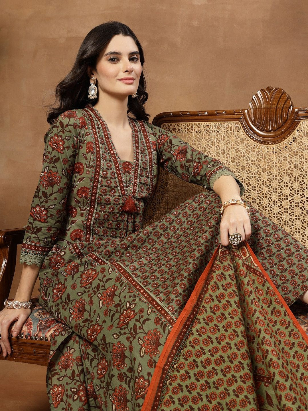 Printed Pure Cotton V-Neck Kurta & Palazzos With Dupatta