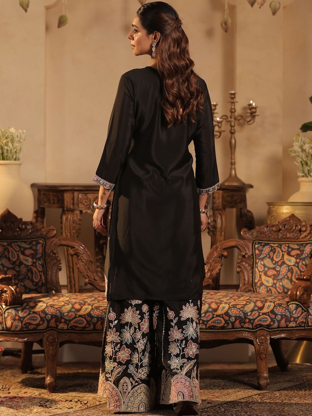 Women Paisley Embroidered Regular Sequinned Straight Kurta with Palazzos &Dupatta