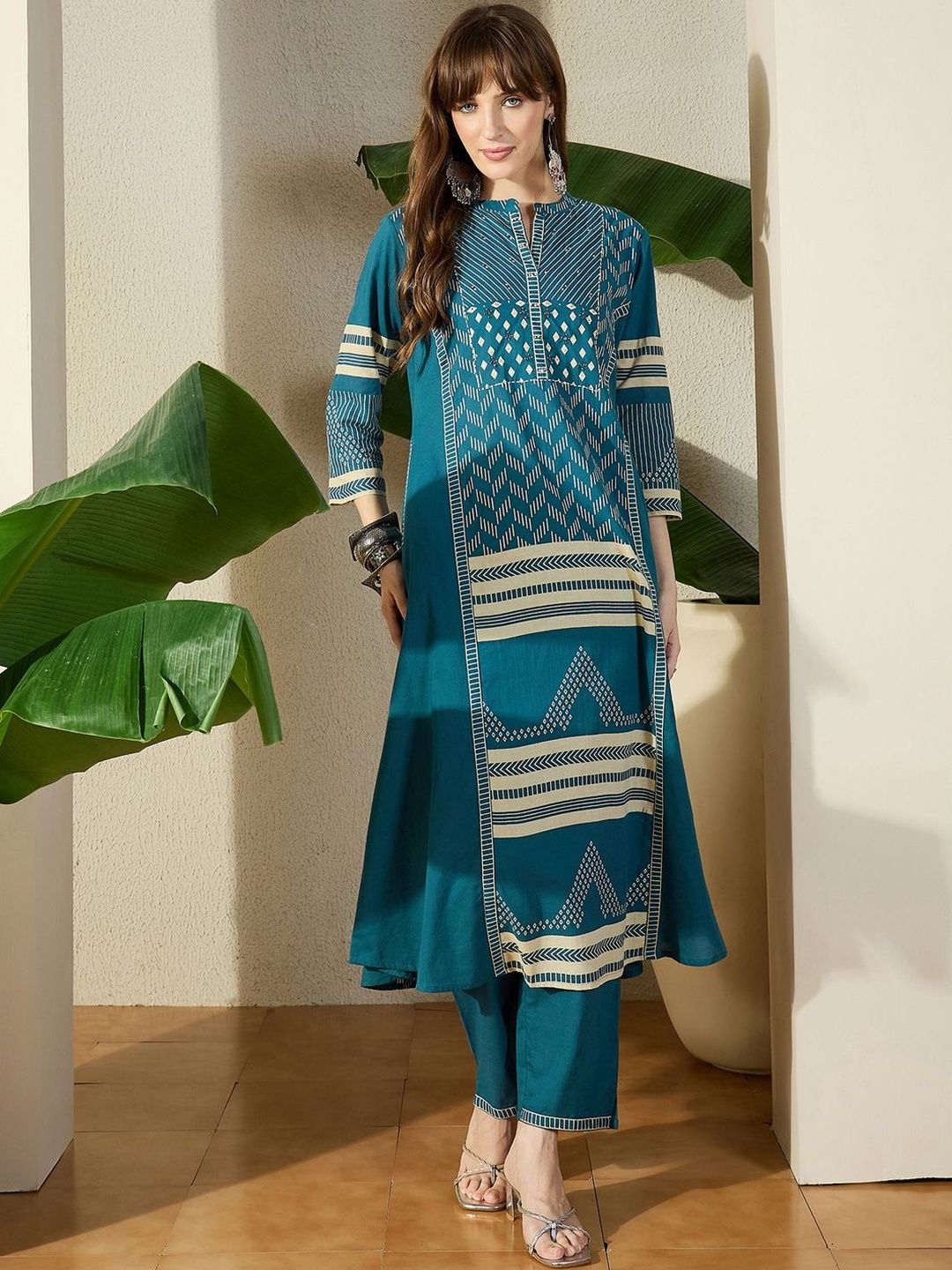 Dhiyona IE Women Pure Cotton Printed A-Line Kurta & Trousers
