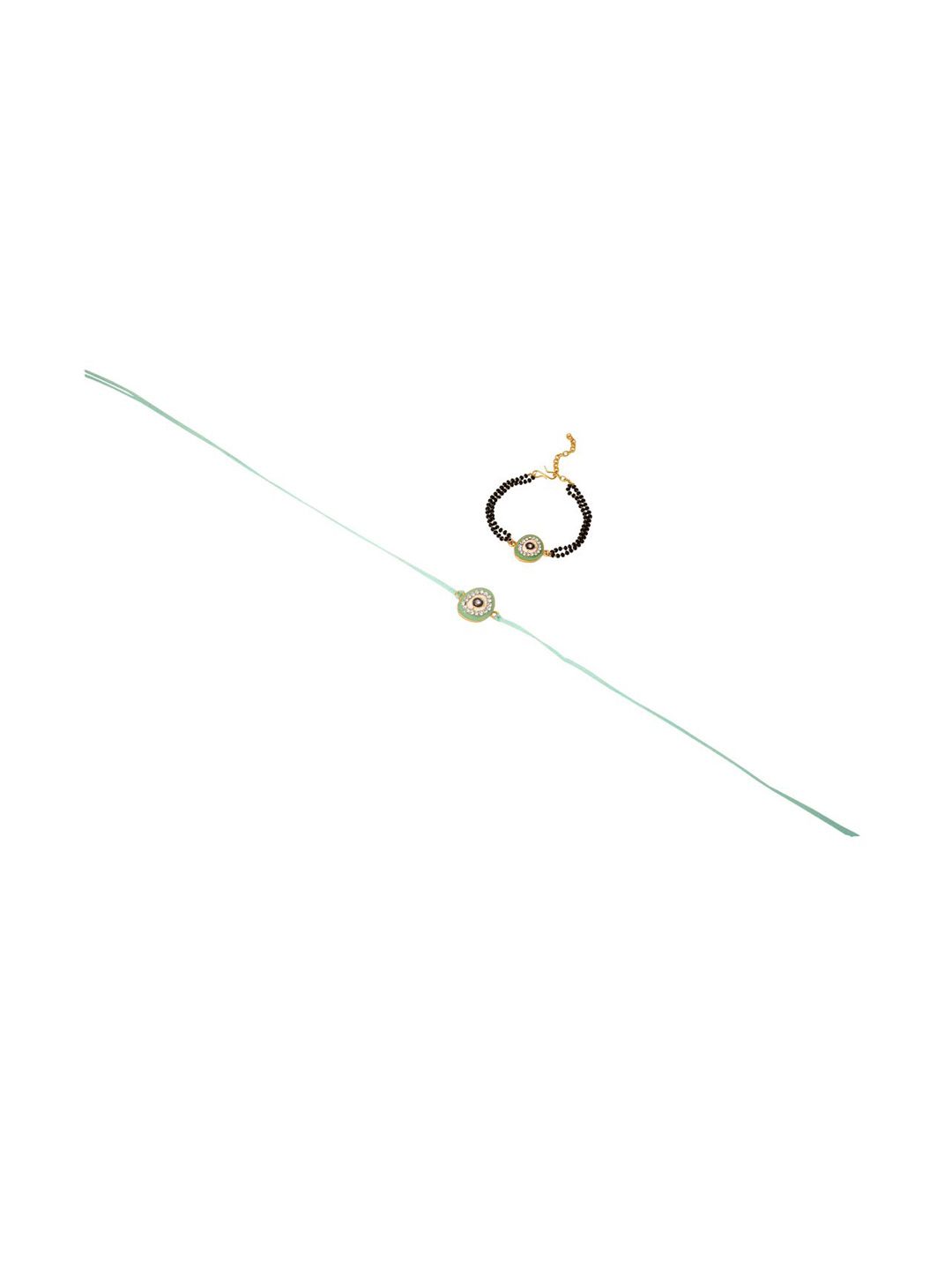 Dhiyona Set Of 2 Green Round Shape Artificial Stones Bhaiya Bhabhi Rakhi With Roli Chawal