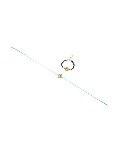 Dhiyona Set Of 2 Green Round Shape Artificial Stones Bhaiya Bhabhi Rakhi With Roli Chawal