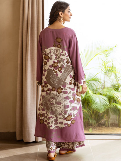 Floral Printed Flared Sleeves Beads And Stones Straight Kurta With Palazzos