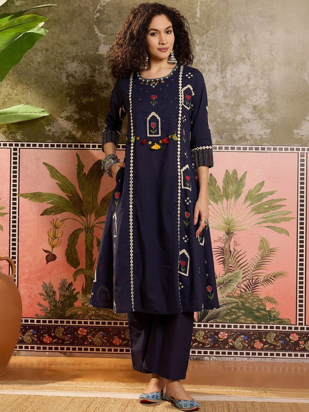 Printed Pure Cotton Round Neck Kurta & Trousers With Dupatta