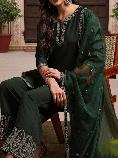 Dhiyona KL Ethnic Motifs Embroidered Notched Neck Straight Kurti with Palazzos & With Dupatta