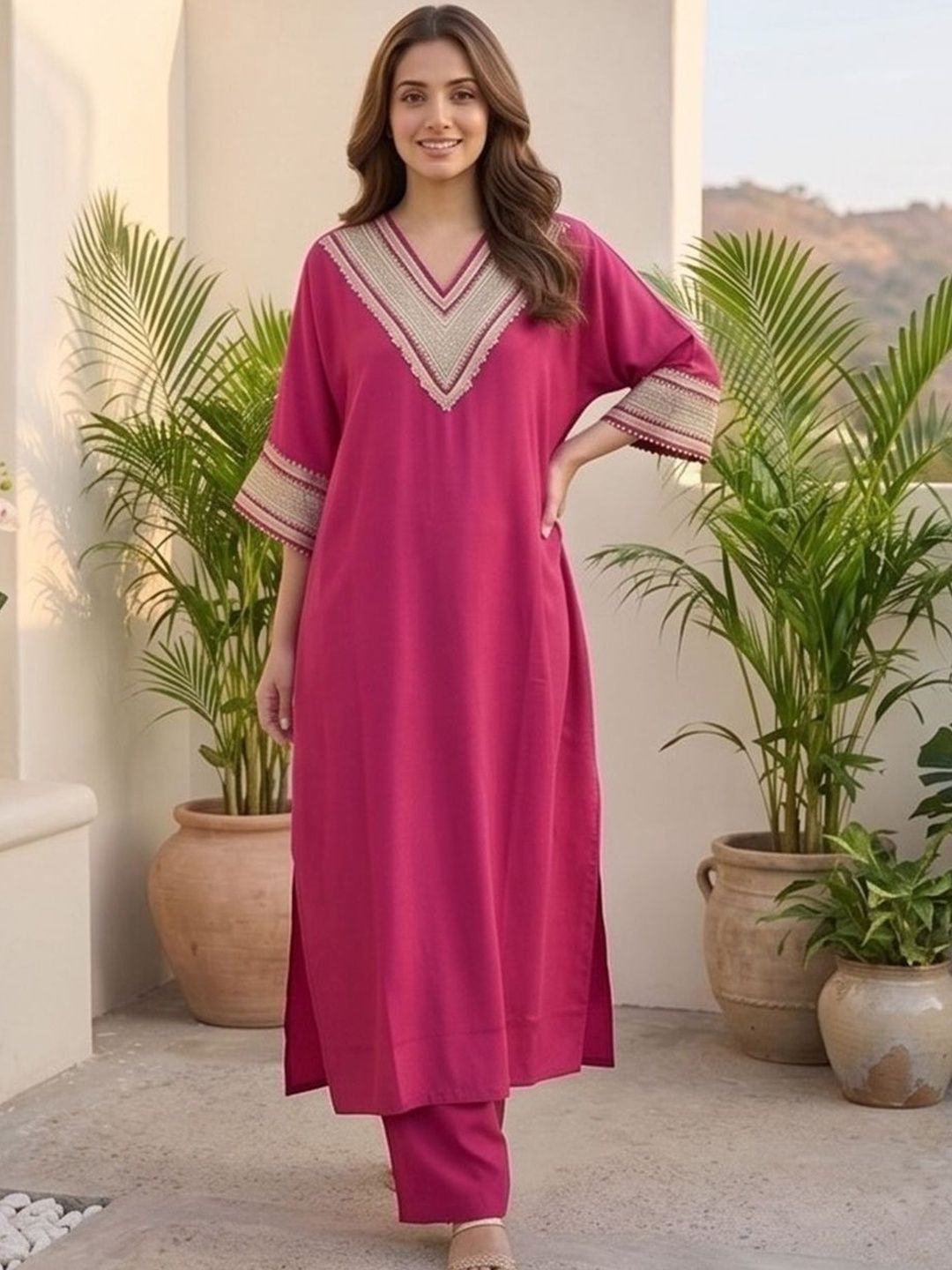 Red Women Yoke Design Regular Kurta with Trousers