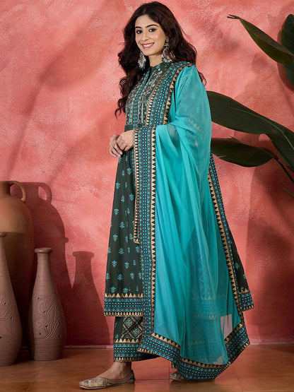 Dhiyona SN Embroidered & Block Printed Anarkali Kurta & Palazzo With Dupatta