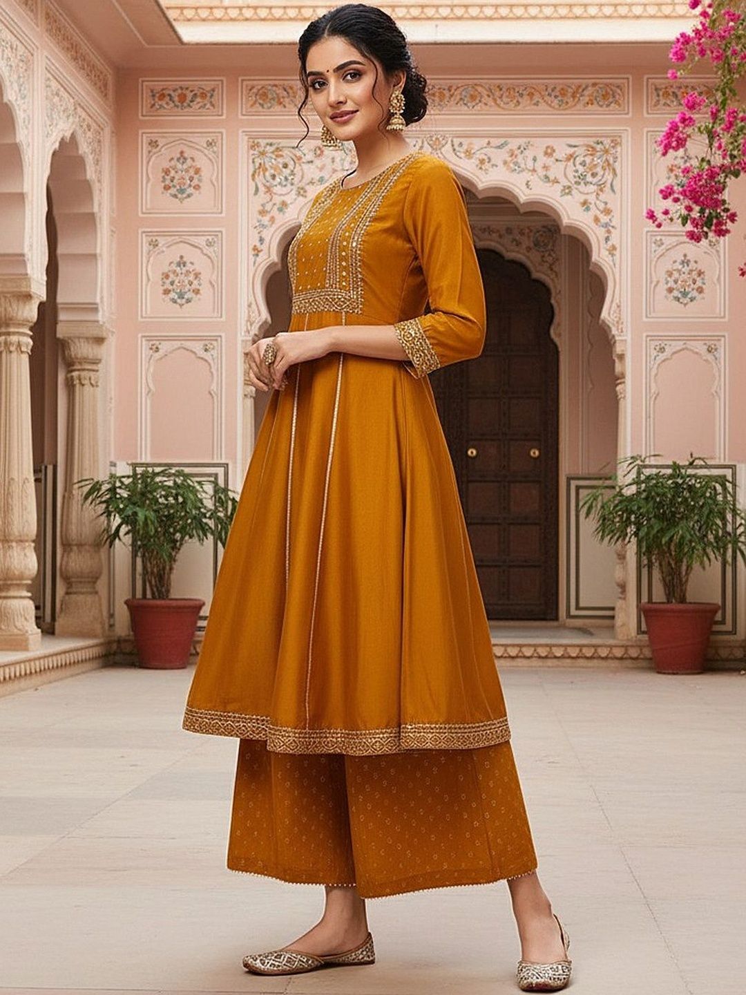 Dhiyona KL Ethnic Motifs Embroidered Panelled Gotta Patti Kurta & Palazzos With Dupatta
