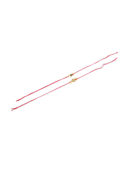 Dhiyona Men Set Of 2 Gold Toned Pearls Swastik Desgin Thread Rakhi With Roli Chawal