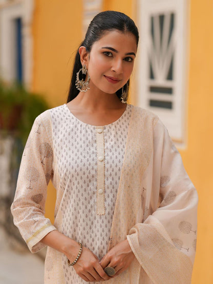 Dhiyona RR Women's Ethnic Motifs Printed Regular Chanderi Cotton Straight Kurta Set