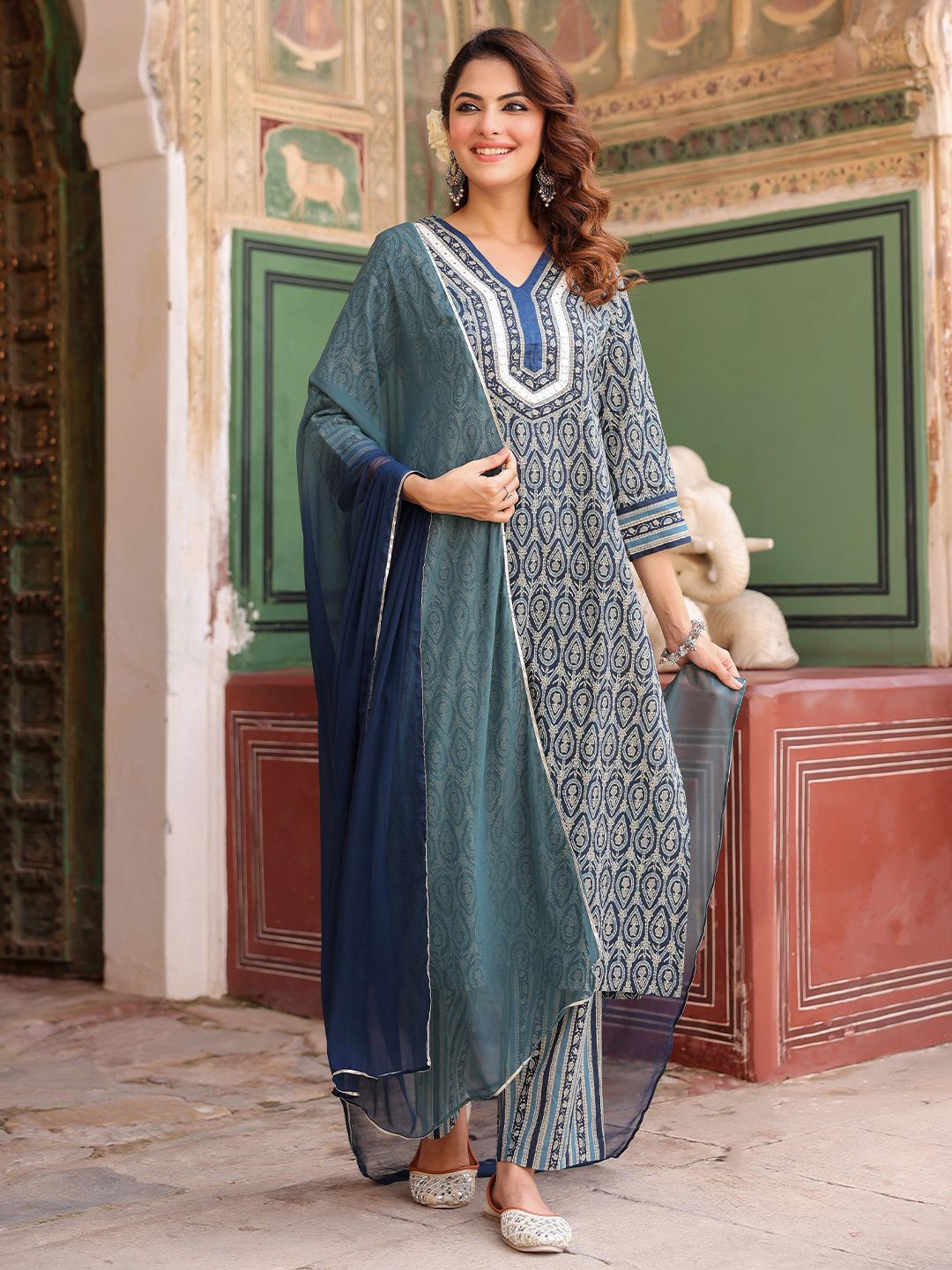 Dhiyona RR Women's Ethnic Motifs Printed Regular Pure Cotton Kurta with Trousers & With Dupatta