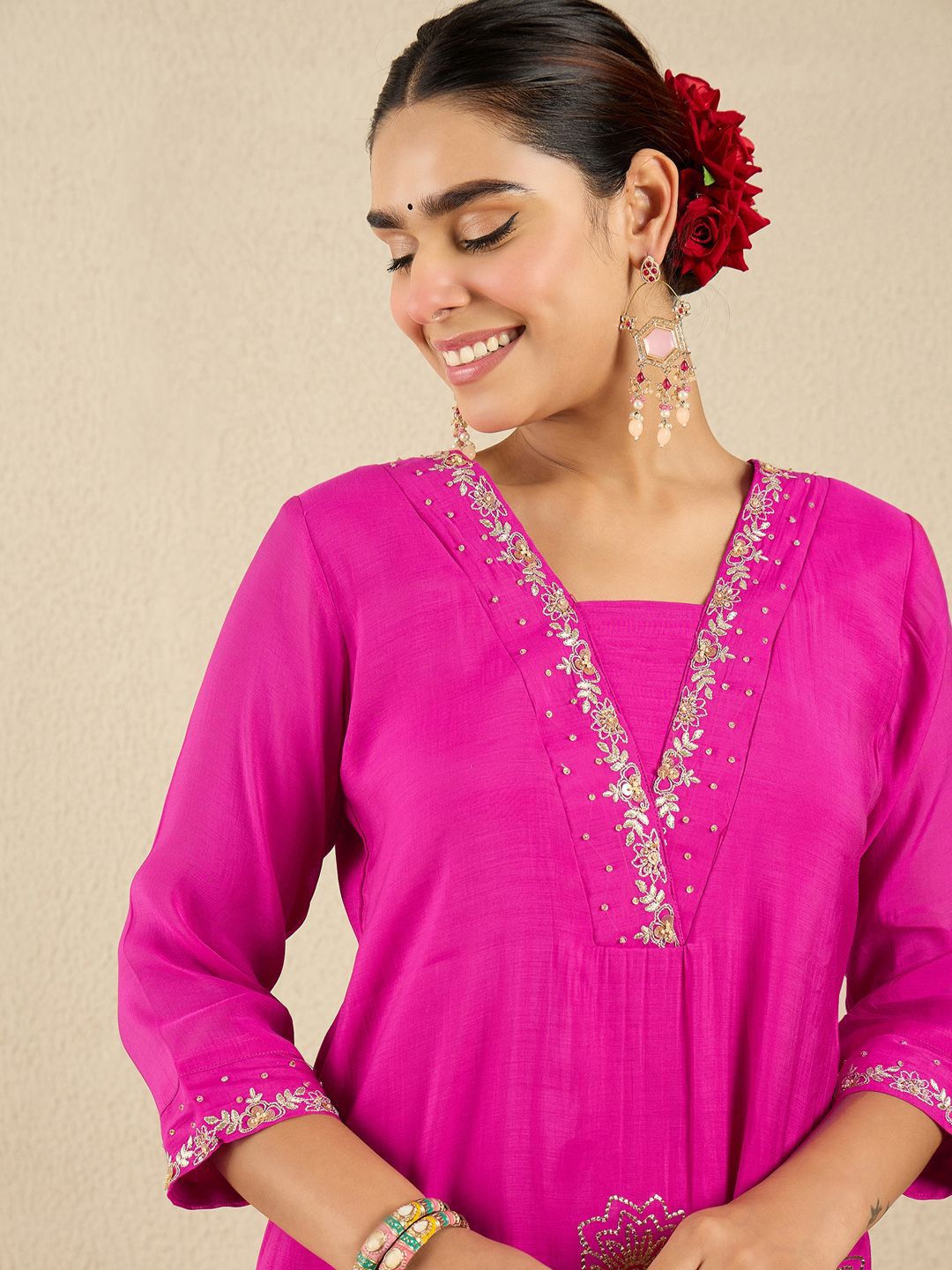 Dhiyona IE Floral Embroidered Square Neck Gotta Patti A-Line Kurta With Trousers