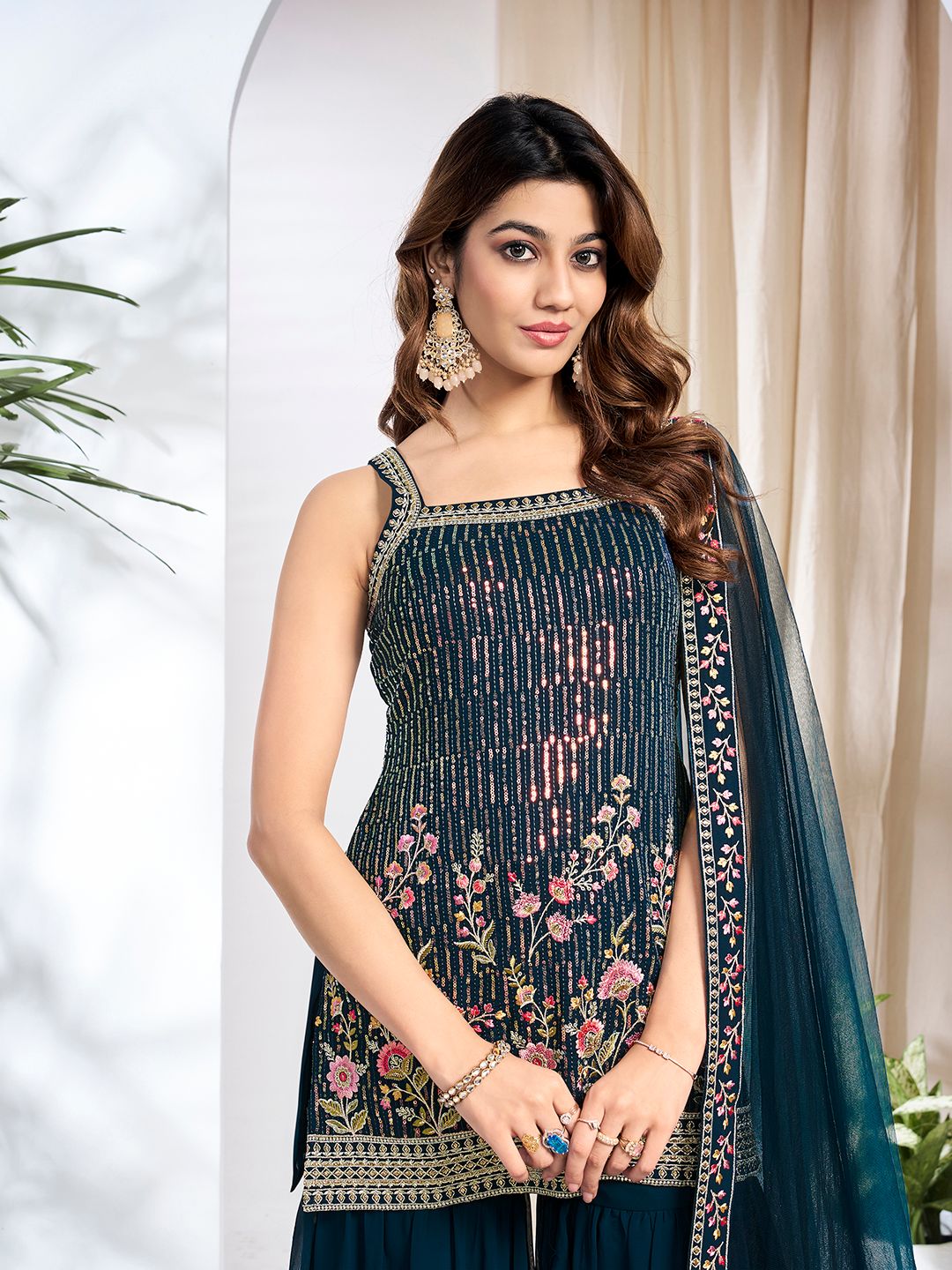 Dhiyona IN Women Floral Embroidered Regular Thread Work Kurta with Sharara & With Dupatta