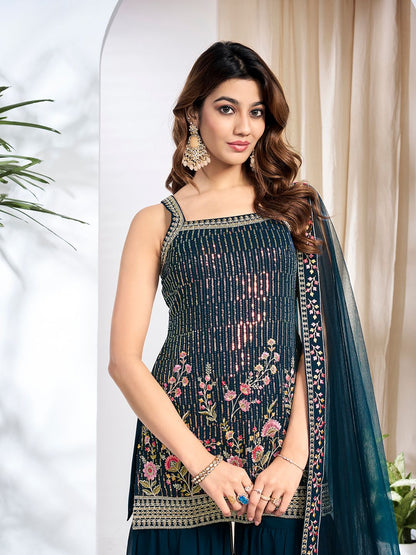 Dhiyona IN Women Floral Embroidered Regular Thread Work Kurta with Sharara & With Dupatta