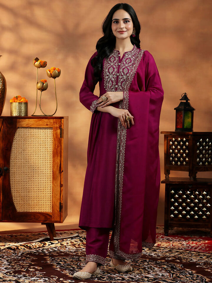 Women's LB Maroon Yoke Design Silk Blend A-Line Kurta With Palazzos & Dupatta