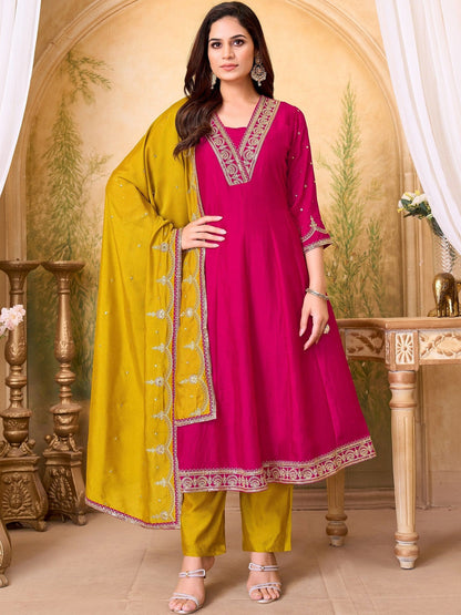Embroidered V-Neck Kurta & Trousers With Dupatta
