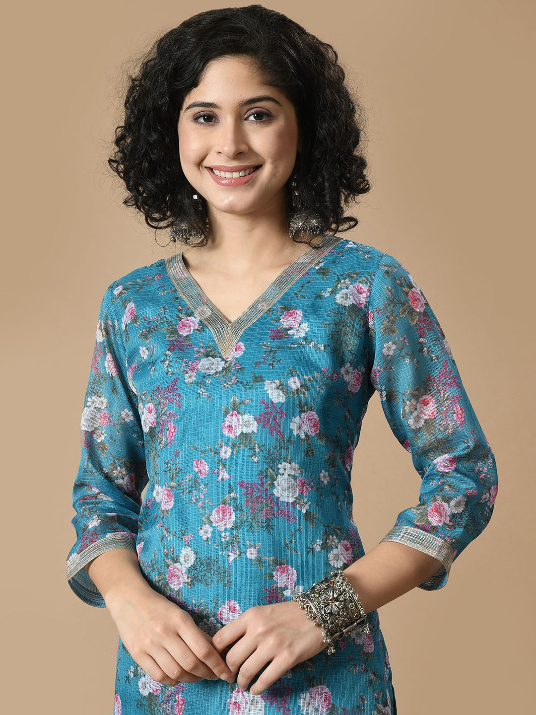 Floral Printed V Neck Straight Kurta With Palazzo