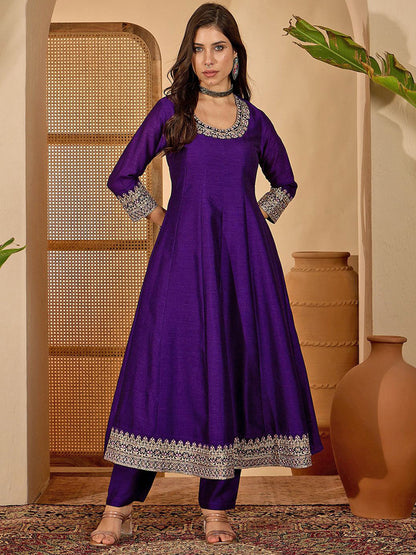 Women Zari Sequence Embroidered A-Line Kurta With Trouser & Dupatta