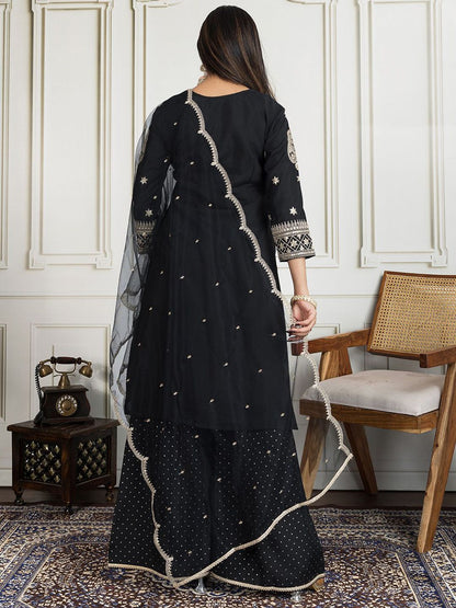 Dhiyona IN Women Ethnic Motifs Embroidered Regular Sequinned Kurta with Palazzos & Dupatta