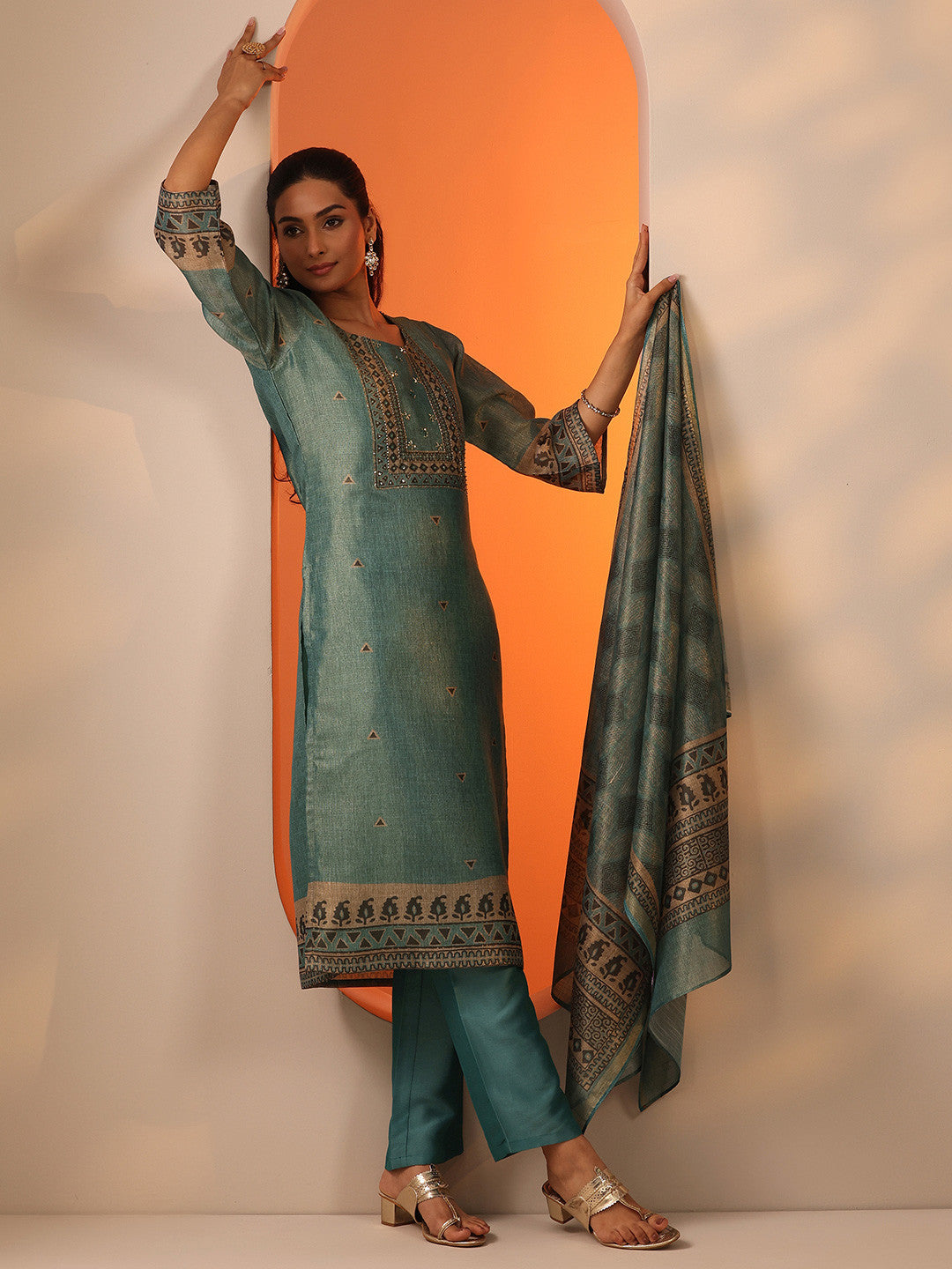 Geometric Embroidered Sequinned Straight Kurta With Trousers And Dupatta