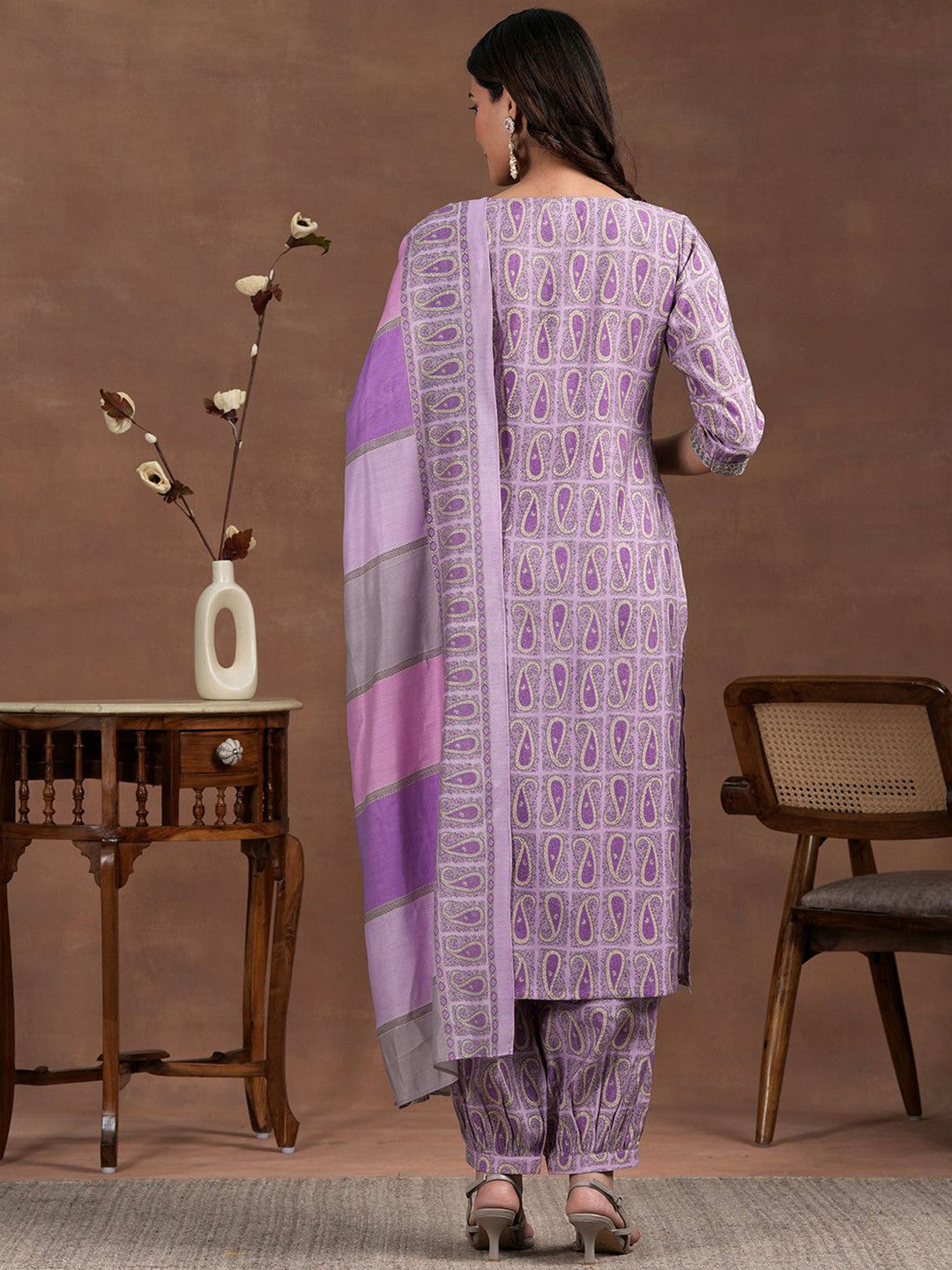 Paisley Printed Sequinned Straight Kurta With Salwar & Dupatta