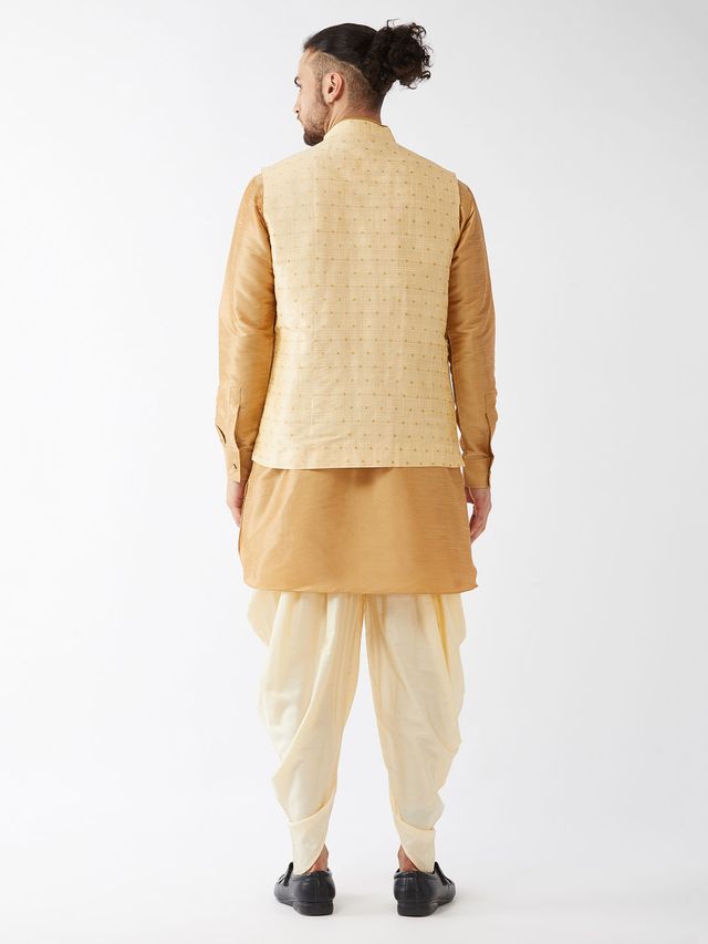 Men's Rose Gold Silk Blend Straight Jacket  Kurta and Dhoti Set