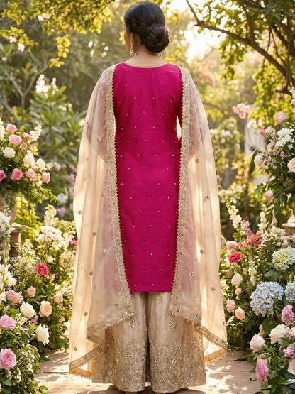 Dhiyona KL Ethnic Motifs Embroidered Round Neck Thread Work Kurta With Sharara & Dupatta