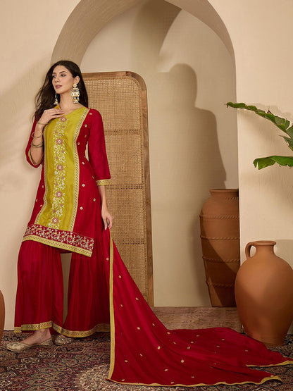 Dhiyona SN Embroidered V-Neck Kurta & Sharara With Dupatta