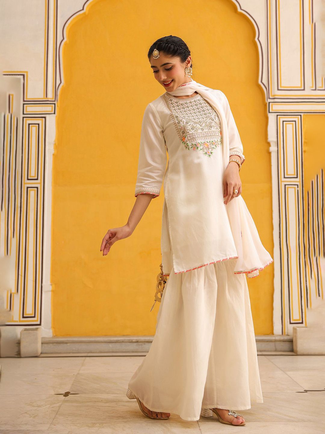 Dhiyona SC Women Ivory Chanderi Silk Zari Embroidered Sharara Set