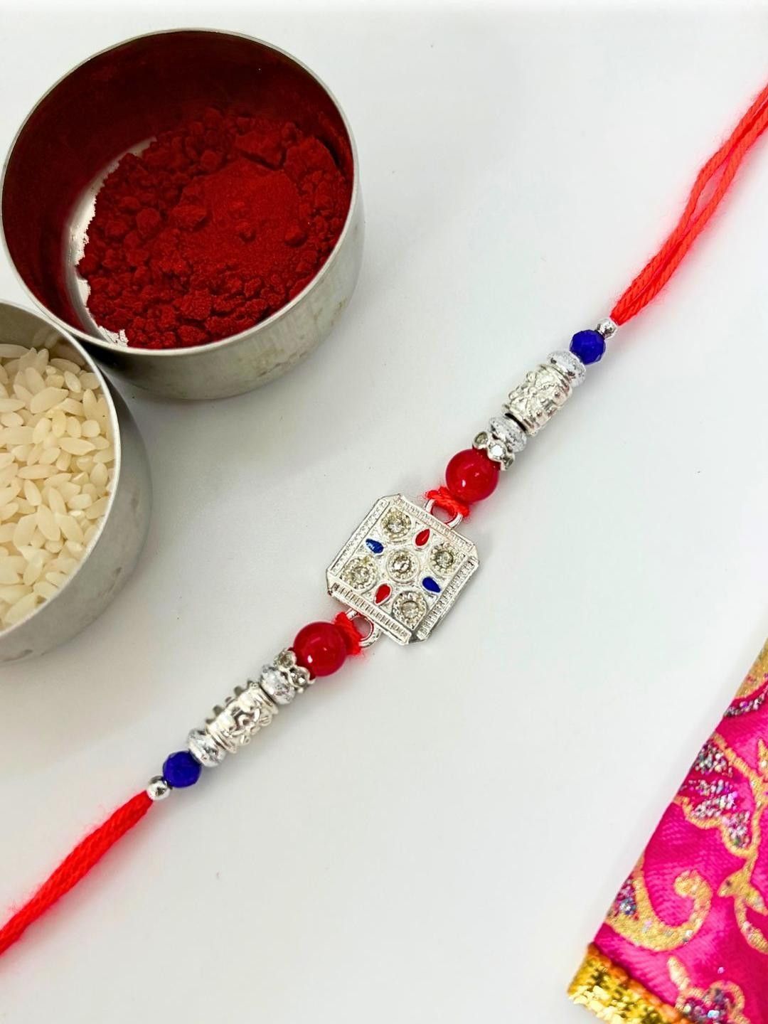 German Silver Stone Studded & Beaded Thread Rakhi Traditional Handmade Rakhi for Brother