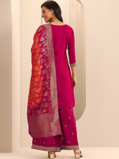 Dhiyona LL Ethnic Motifs Embroidered Straight Thread Work Kurta With Palazzos & Dupatta