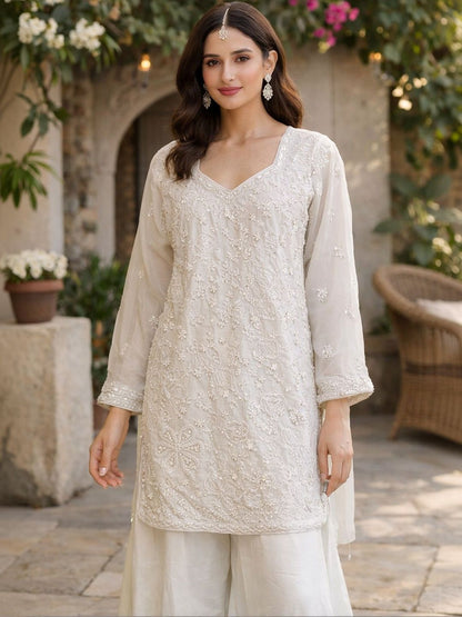 Dhiyona HOP Embroidered Chinon V-Neck Kurta & Sharara Kurta Sets