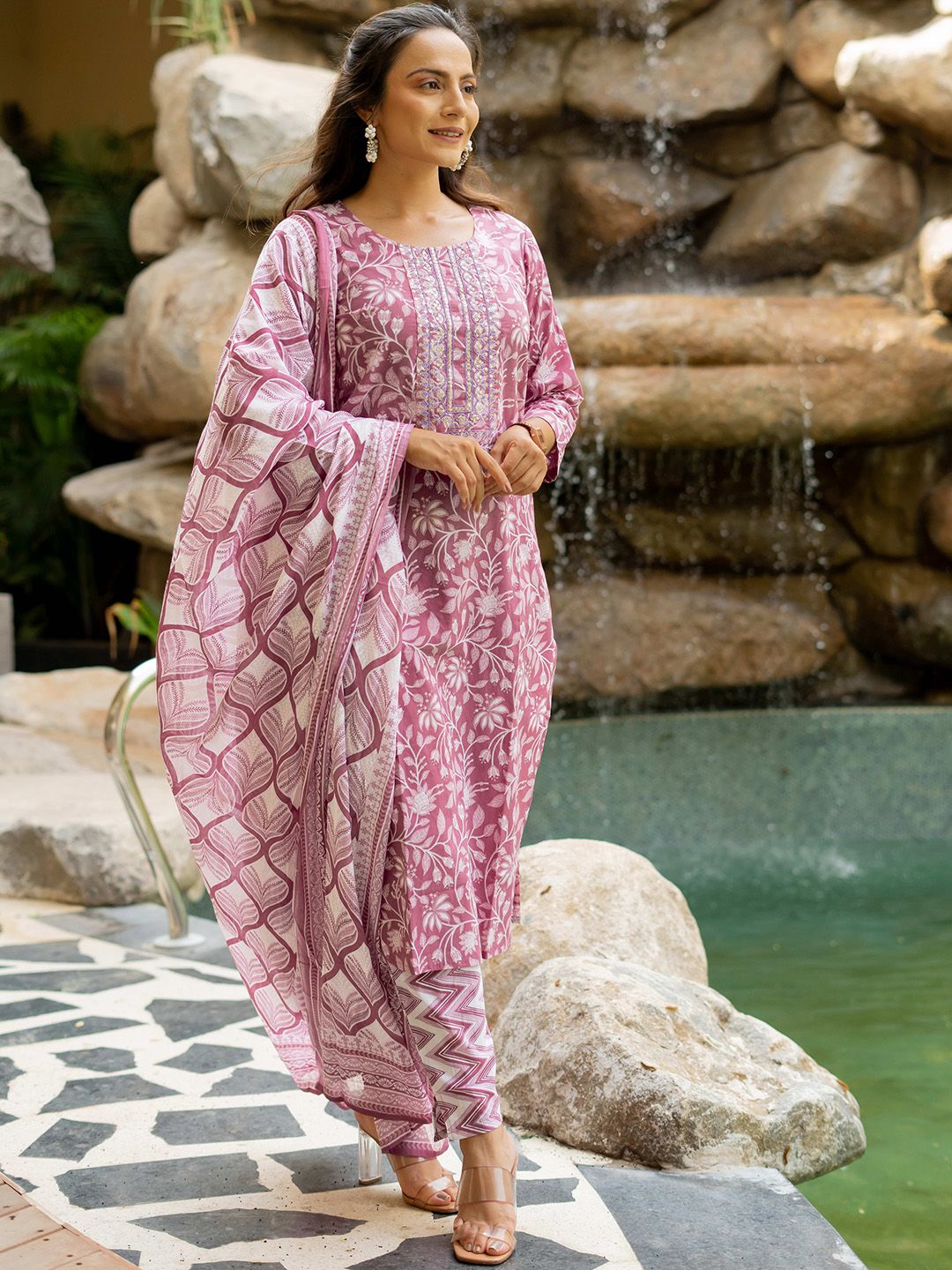Dhiyona KL Floral Printed Sequinned Pure Cotton Kurta with Trousers & Dupatta
