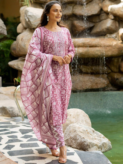 Dhiyona KL Floral Printed Sequinned Pure Cotton Kurta with Trousers & Dupatta
