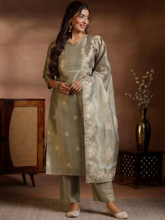 Floral Printed Sequinned Pure Silk Kurta With Trousers & Dupatta