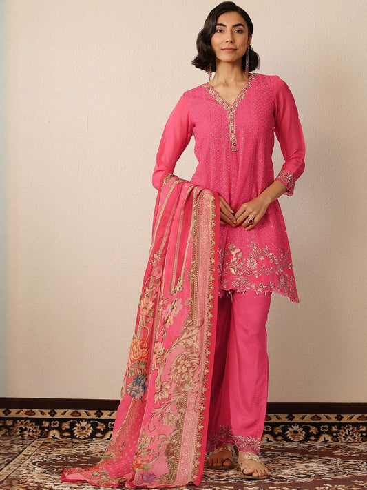 Dhiyona LL Ethnic Motifs Embroidered Thread Work Kurta With Palazzos & Dupatta