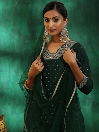 Women's LB Green Self Design Silk blend Straight Suit With Dupatta